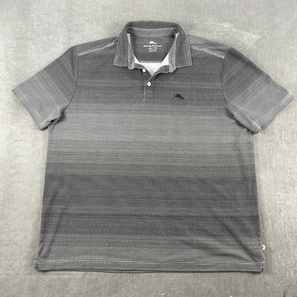 Tommy Bahama Mens XXL Grey Striped Polo Shirt Short Sleeve Marlin Logo